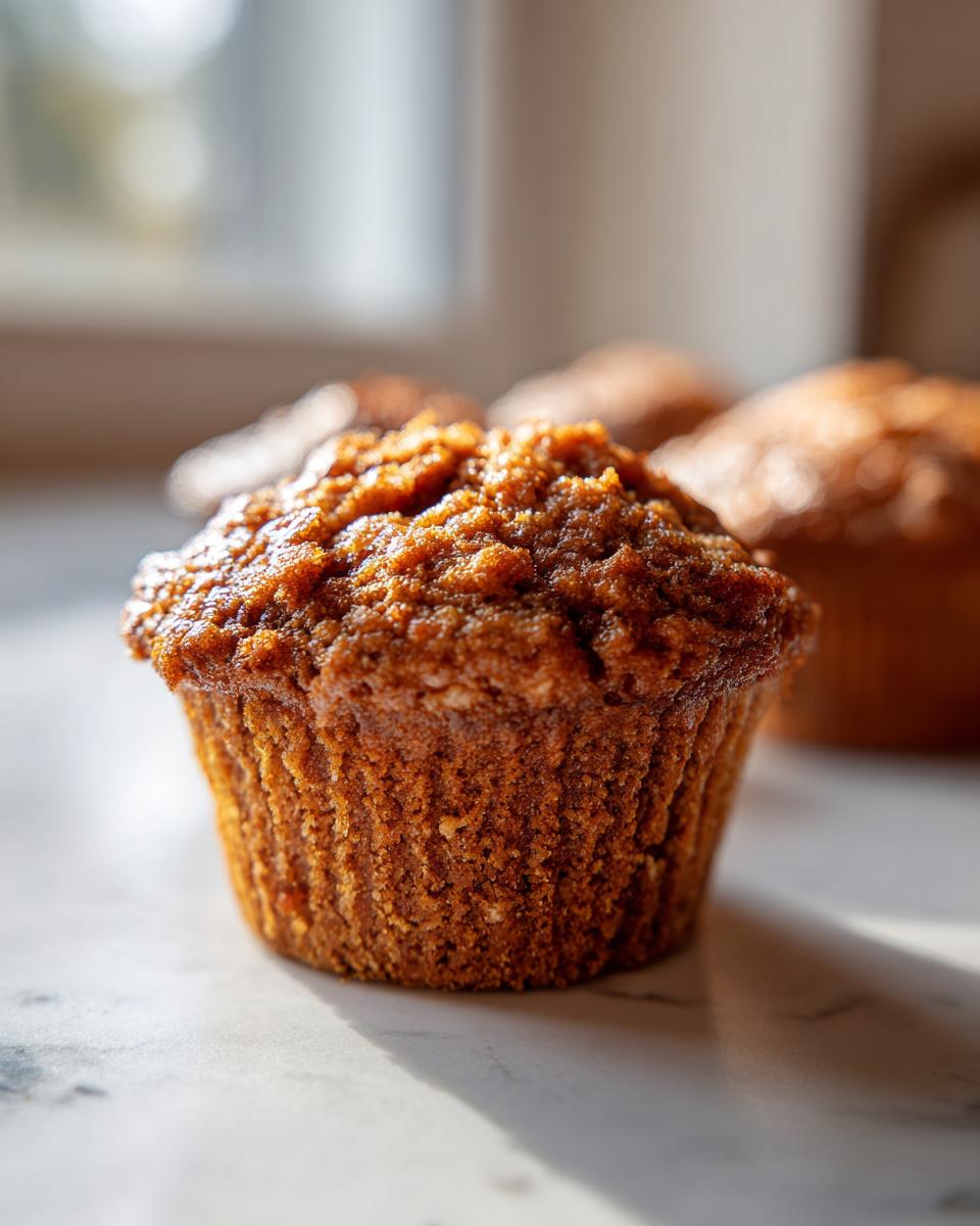 A close-up, sunlit shot of a freshly baked honey bran muffin with a textured, domed top.
