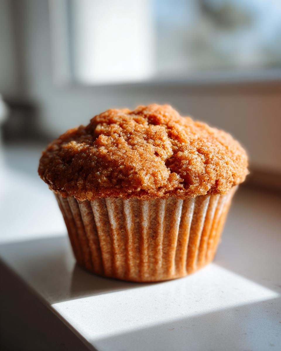 A single, perfectly baked honey bran muffin with a textured top, sitting on a white surface in natural light.