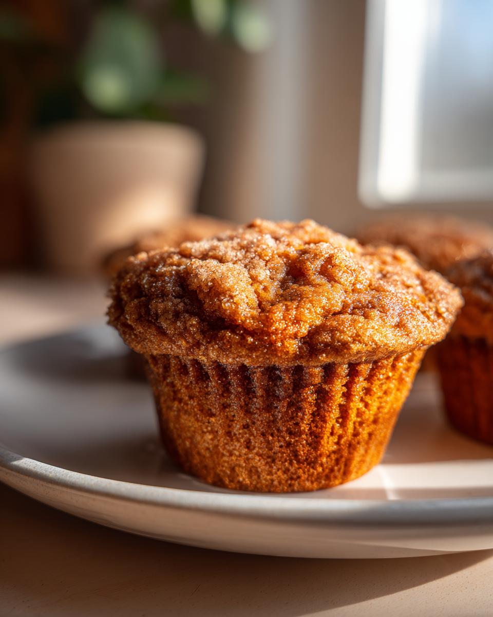 A close-up, warmly lit photo of a freshly baked honey bran muffin with a sugary, textured top sitting on a light plate.