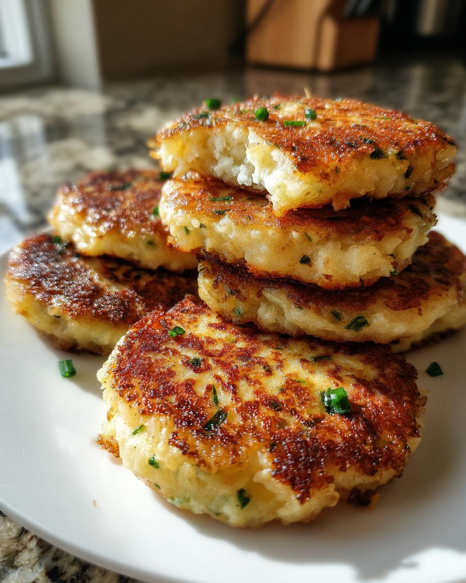 A stack of perfectly golden brown, pan-fried mashed potato cakes garnished with chives.
