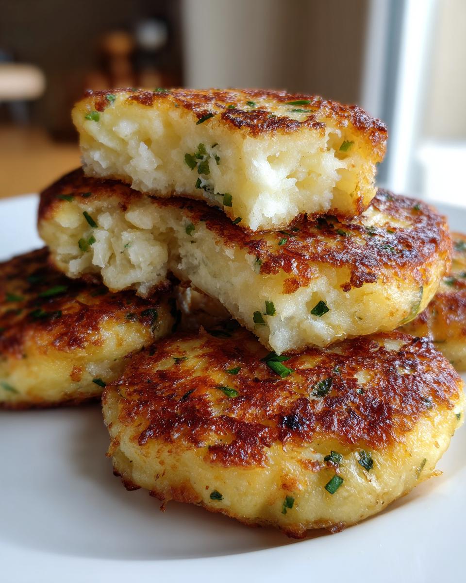 A stack of perfectly pan-fried mashed potato cakes, one broken open to show the fluffy interior with chives.