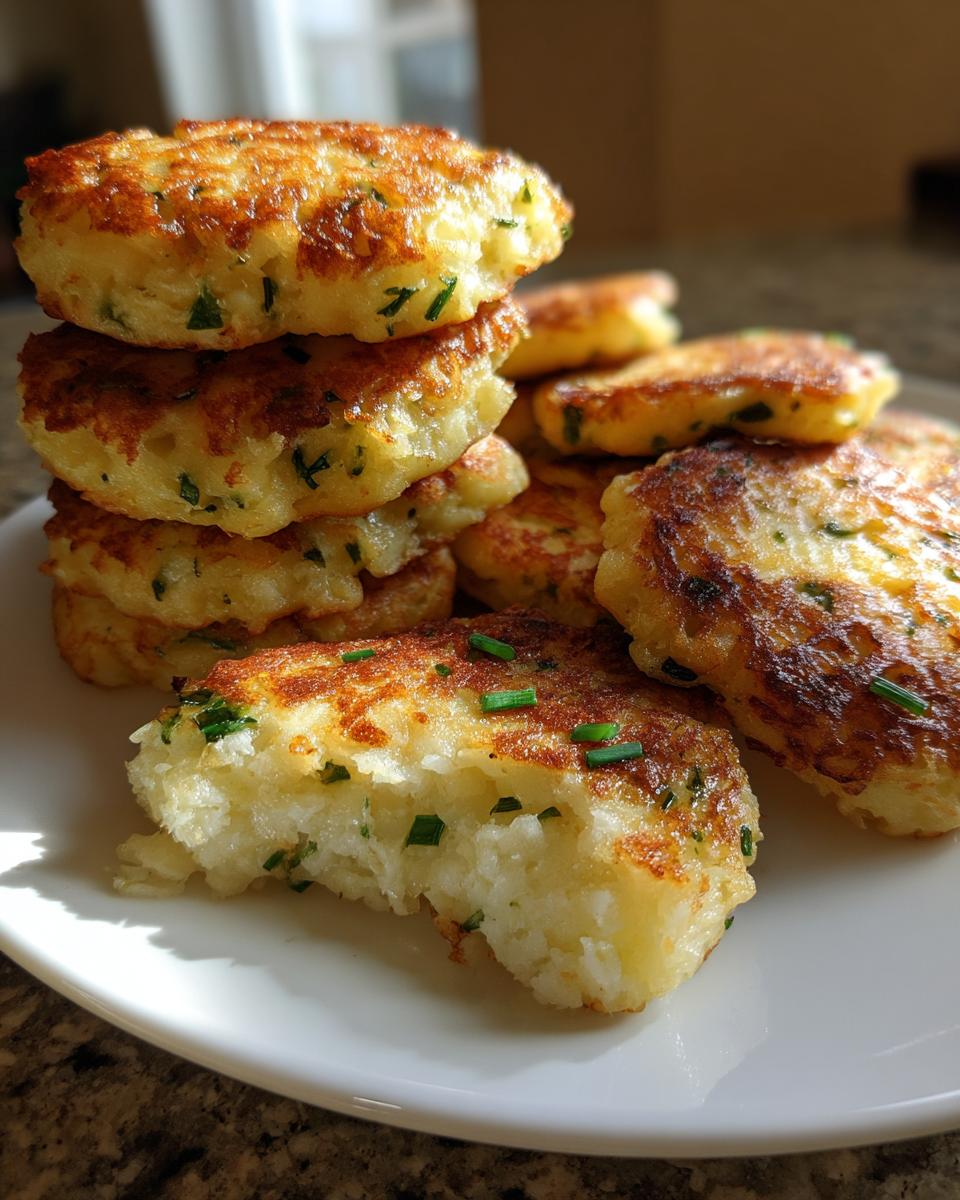 A stack of golden brown, pan-fried mashed potato cakes garnished with fresh chives.