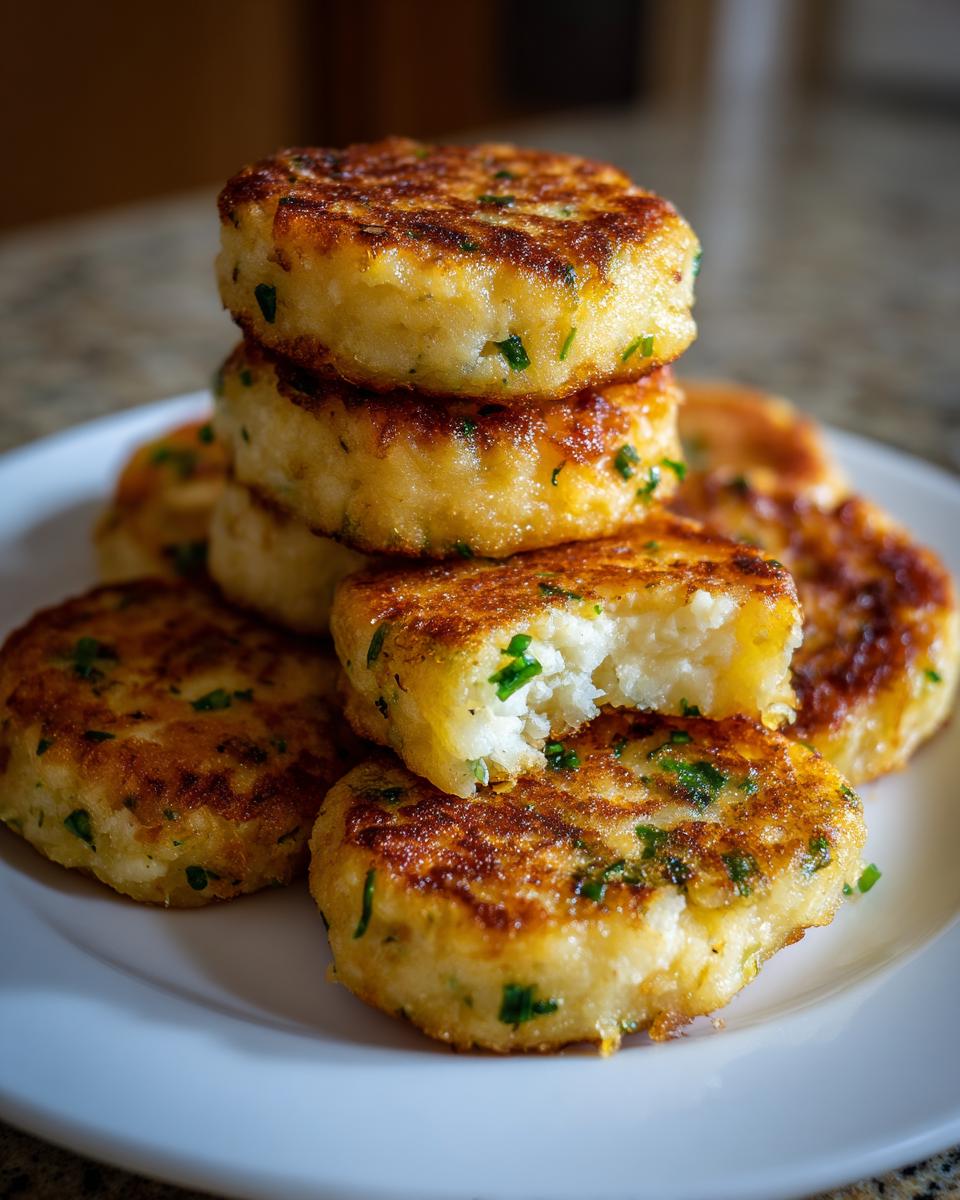 A stack of golden brown, pan-fried mashed potato cakes seasoned with green herbs, one cake showing a fluffy interior.