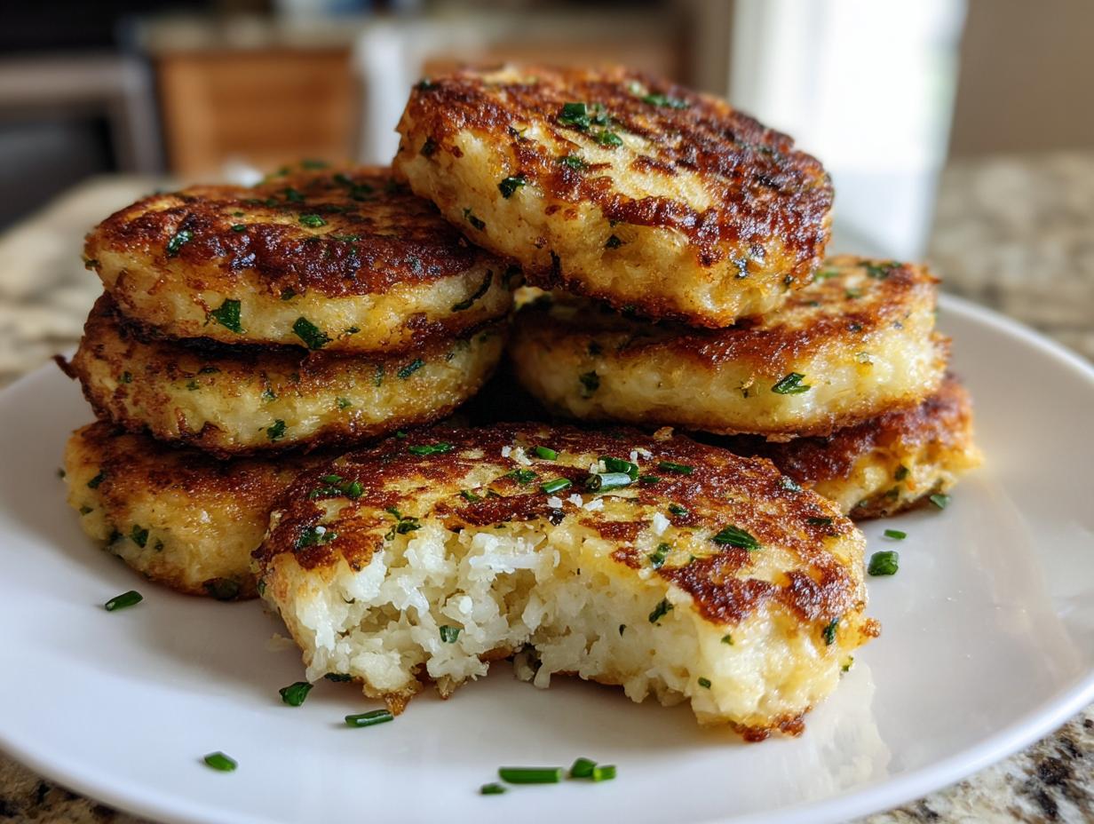 A stack of perfectly pan-fried mashed potato cakes, one with a bite taken out showing the fluffy interior, garnished with chives.
