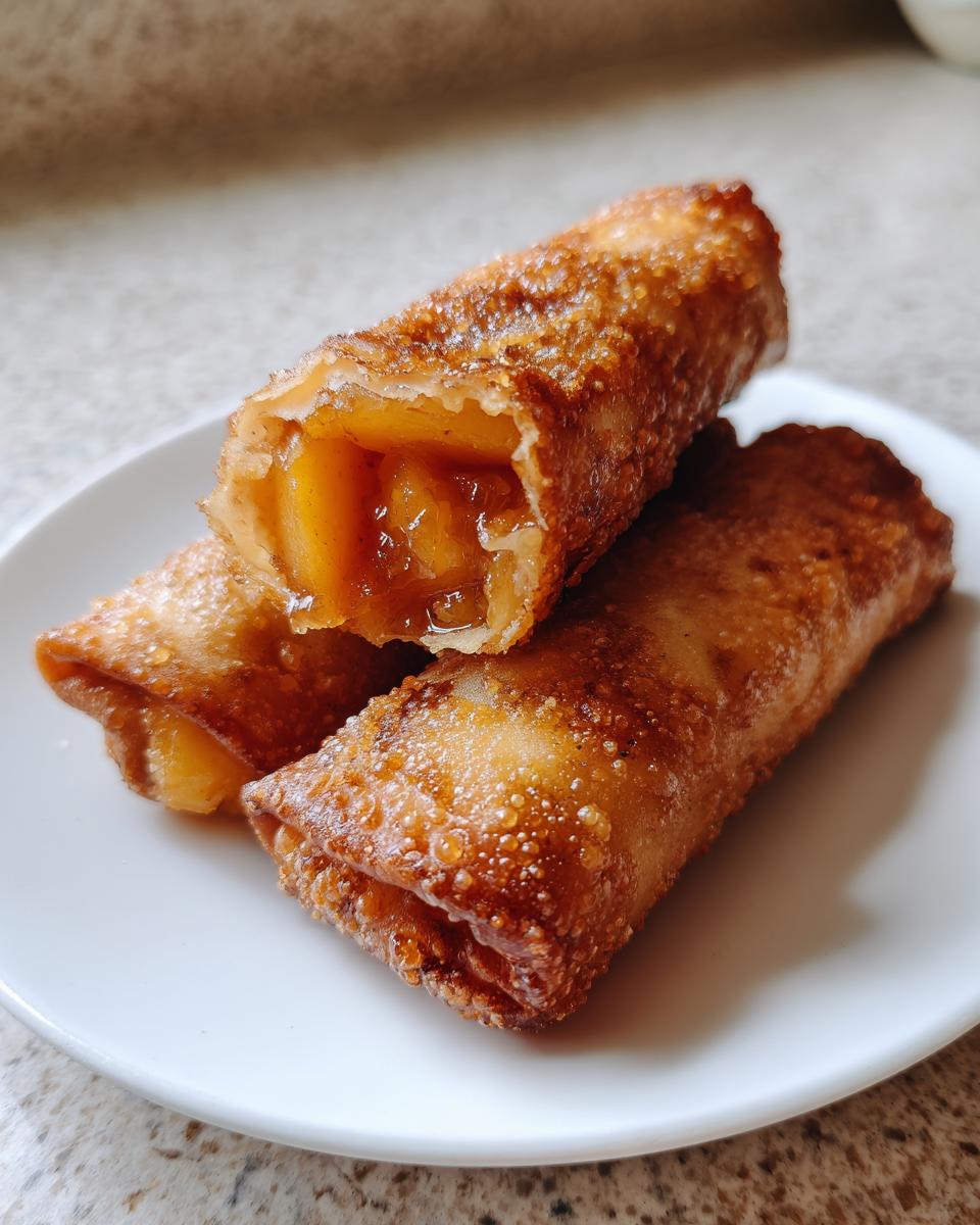Three golden brown, crispy peach cobbler egg rolls stacked on a white plate, one cut open showing the warm peach filling.