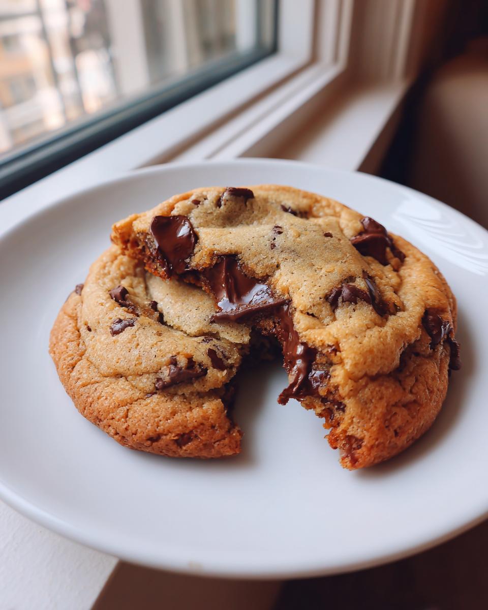 Close-up of a freshly baked chocolate chip cookie with a bite taken out, revealing melted chocolate chips.