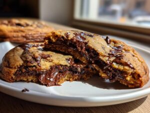 Close-up of a gooey, warm chocolate chip cookies broken in half, showing melted chocolate center and sea salt.