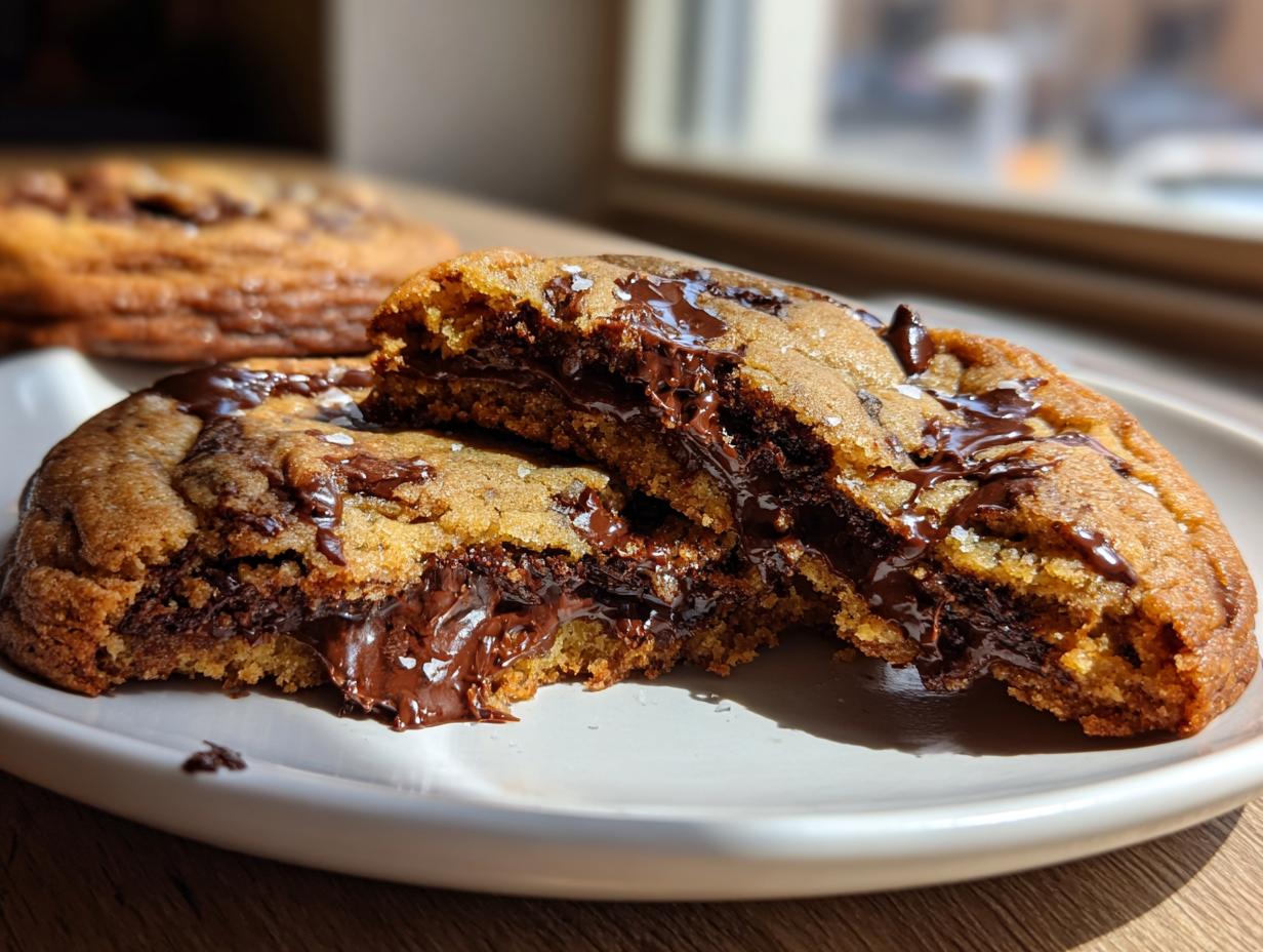 Close-up of a gooey, warm chocolate chip cookies broken in half, showing melted chocolate center and sea salt.