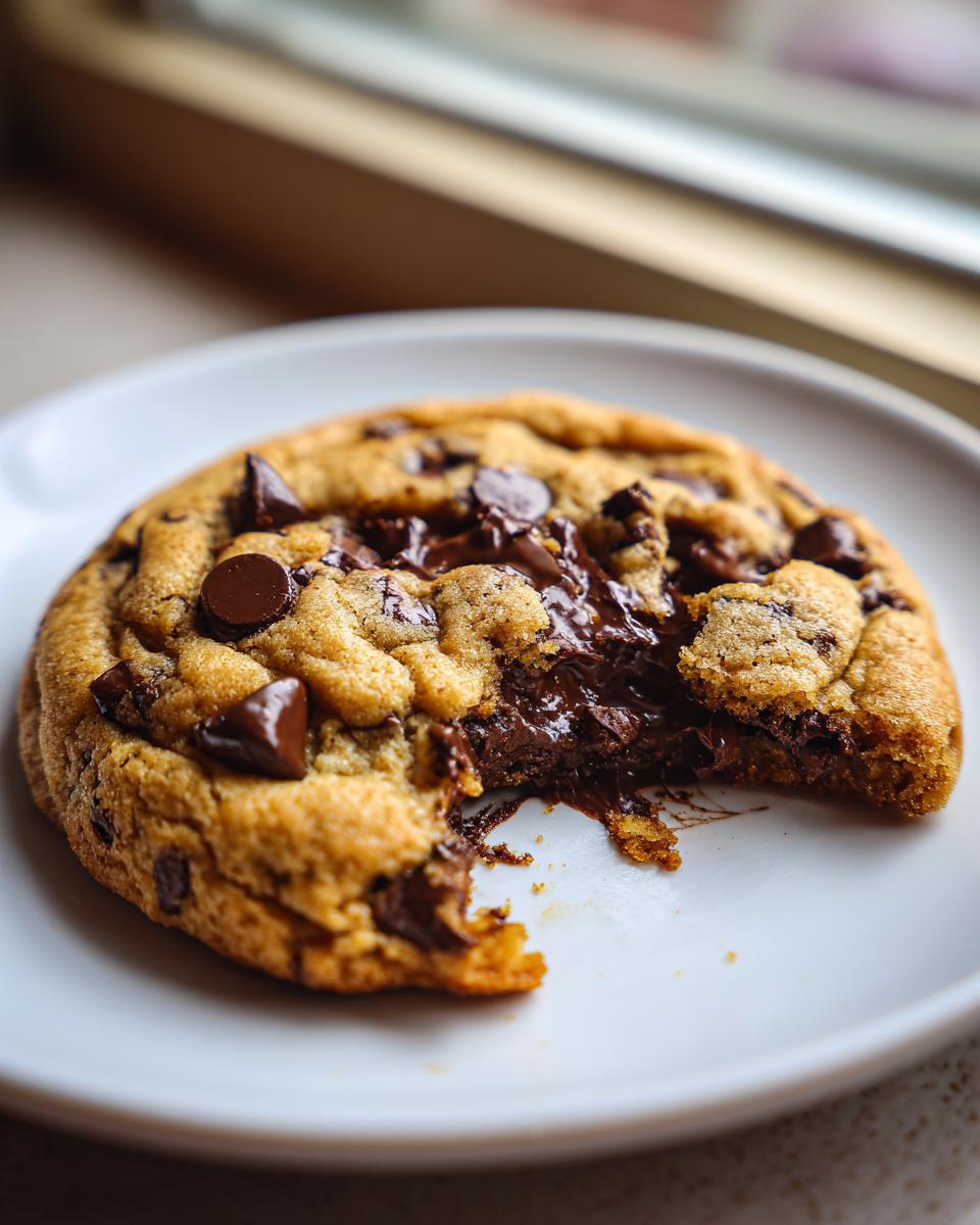 A close-up of a warm, soft chocolate chip cookies with a bite taken out, revealing a molten chocolate center.