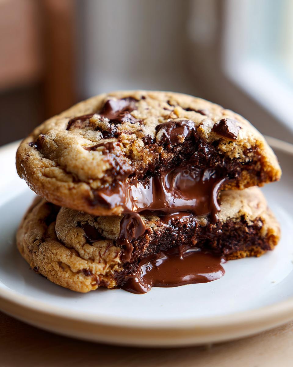 Two freshly baked chocolate chip cookies stacked, broken in half to show molten, gooey chocolate center.