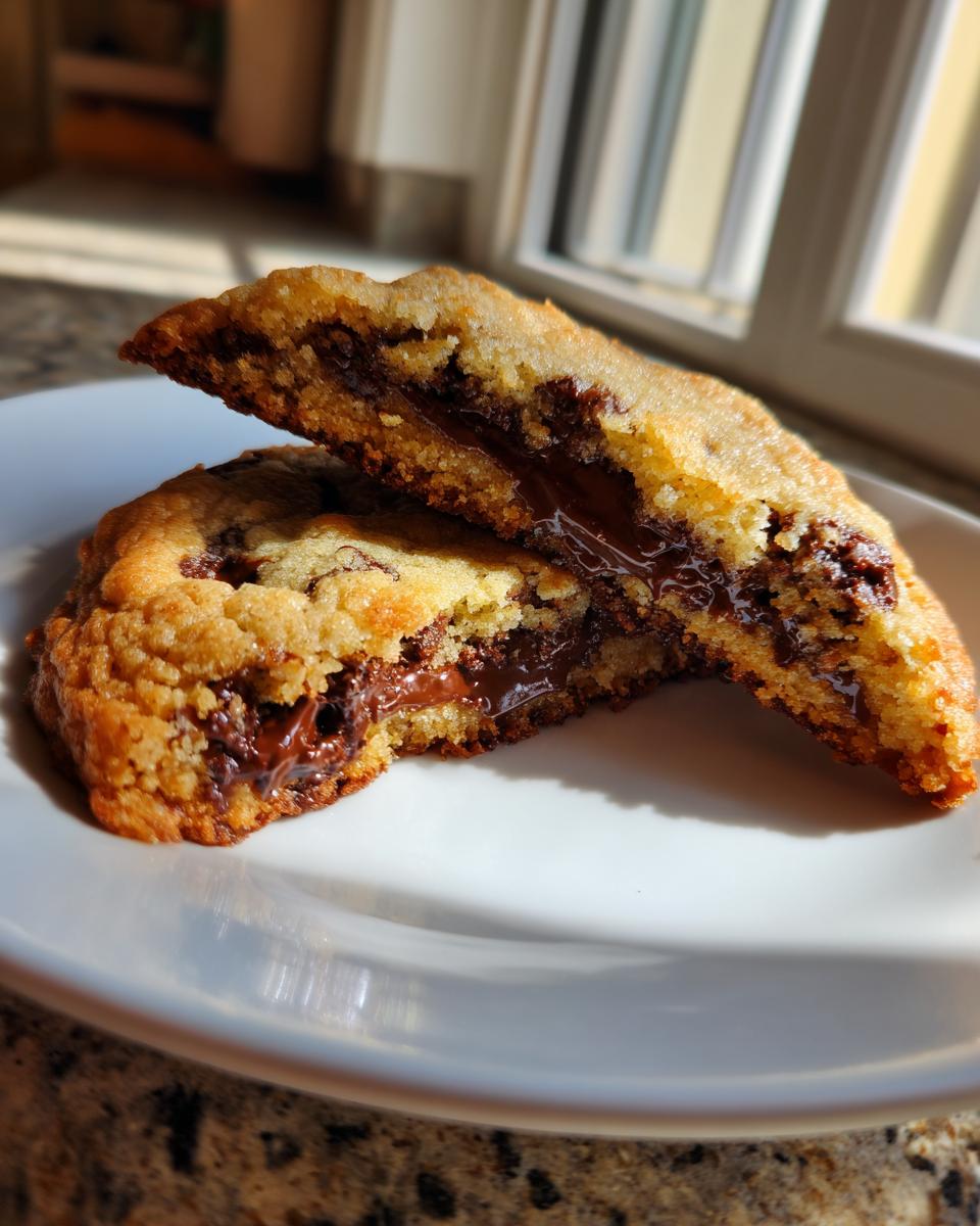 A freshly baked chocolate chip cookie split in half showing a molten, gooey chocolate center.