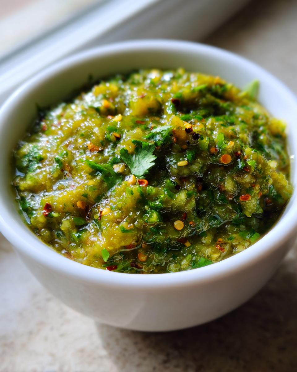 Close-up of chunky, bright green tomato salsa seasoned with cilantro and red pepper flakes in a white bowl.