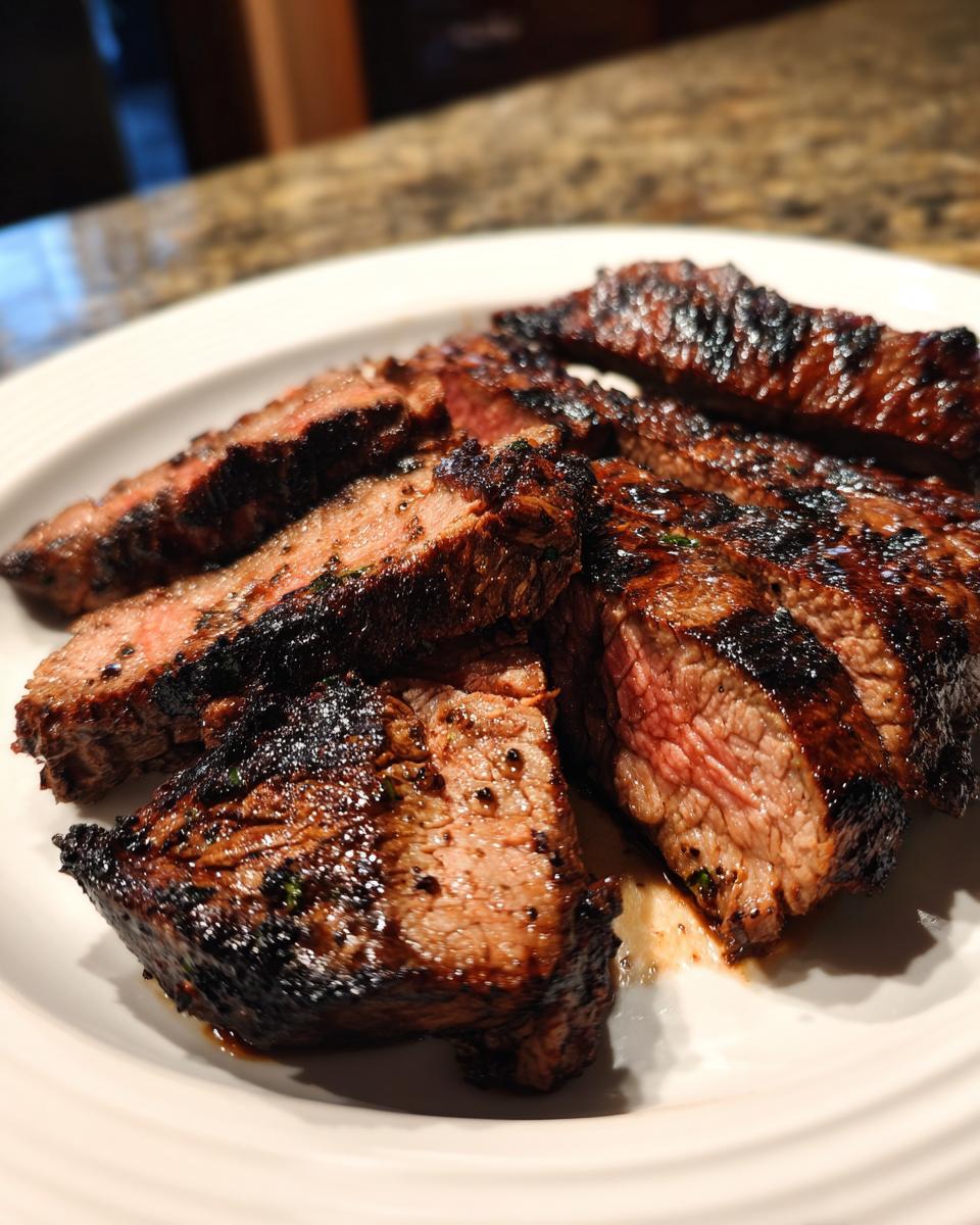 Slices of perfectly grilled steak showing a medium-rare center, achieved using the carne asada marinade.