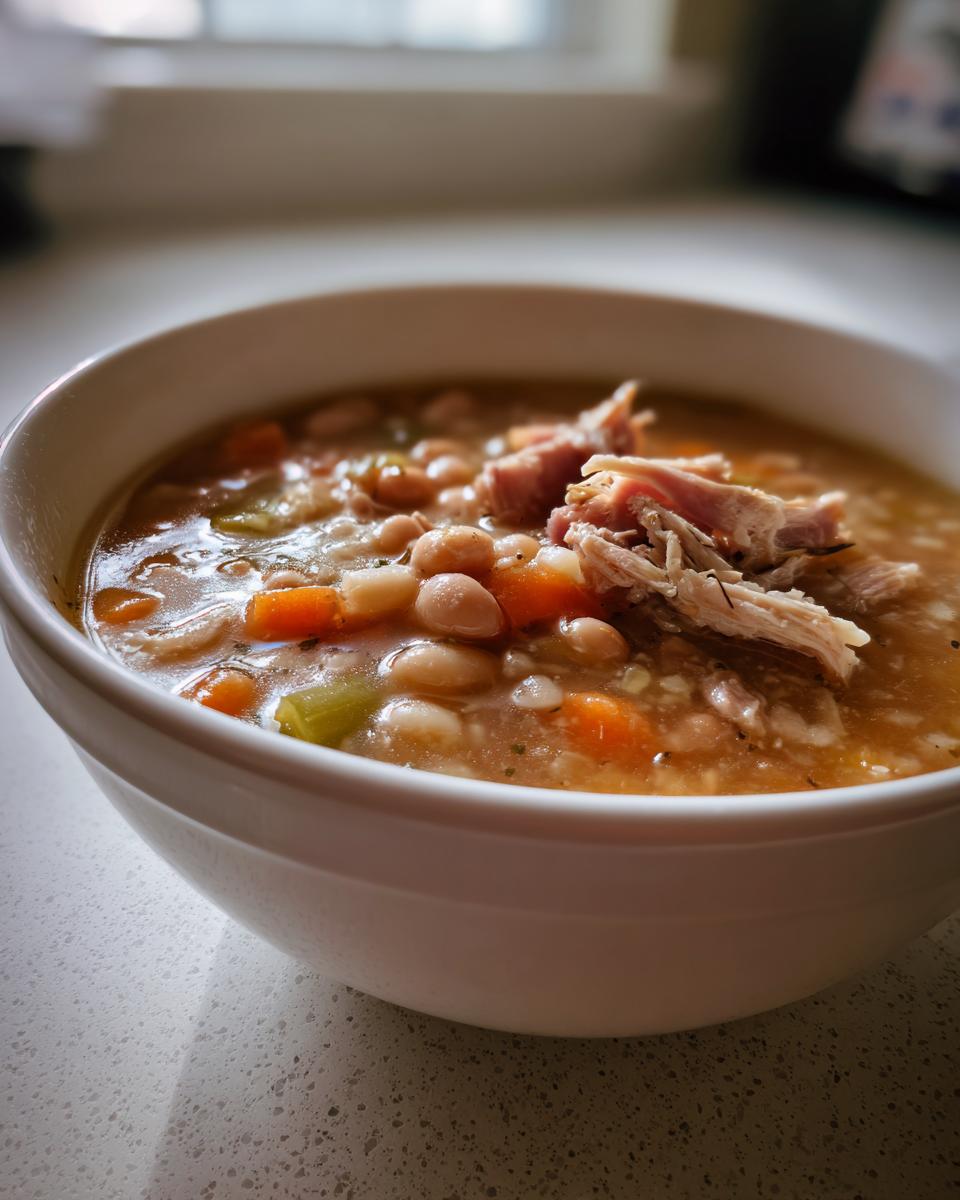 Close-up of a white bowl filled with rich Ham and Bean Soup, featuring white beans, carrots, celery, and shredded ham.
