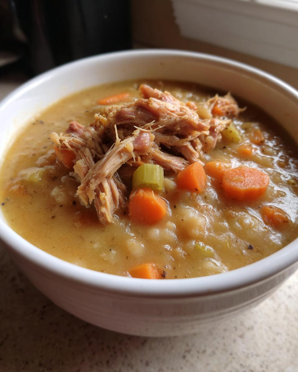 Close-up of a white bowl filled with thick Ham and bean soup, topped with shredded ham, carrots, and celery.