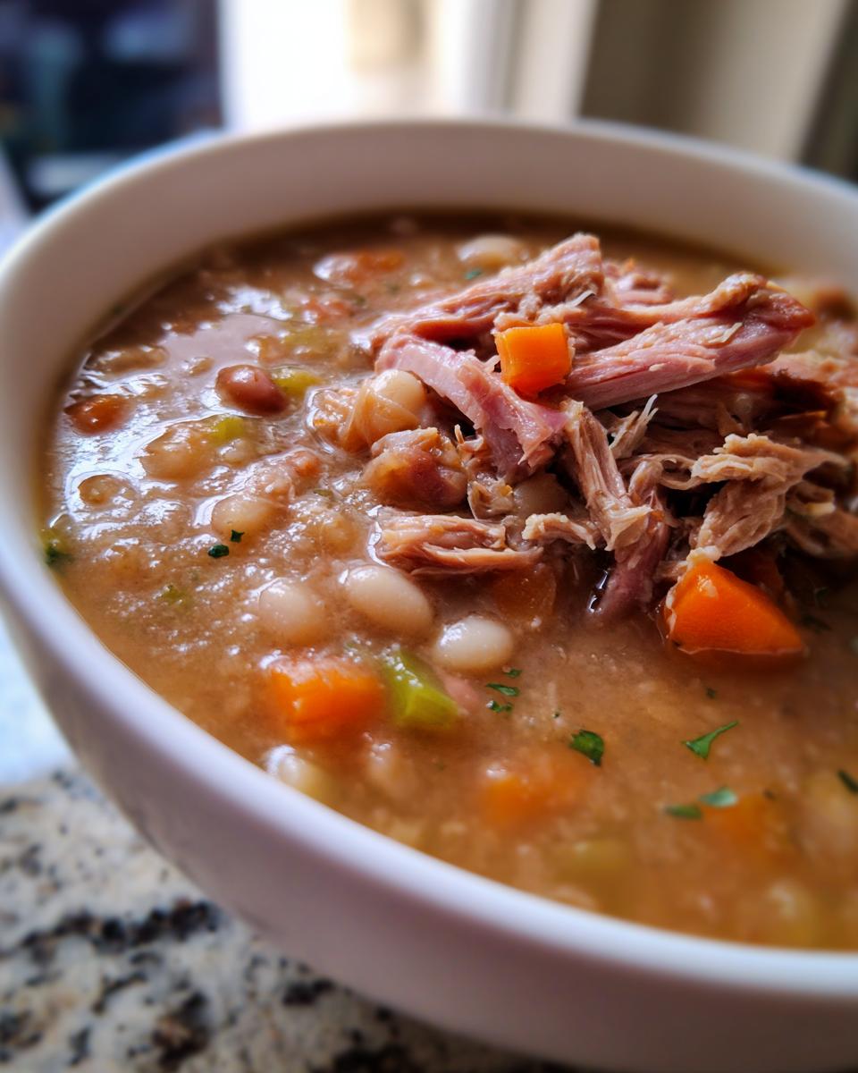 Close-up of a white bowl filled with thick, savory Ham and Bean Soup topped with shredded ham and diced carrots.