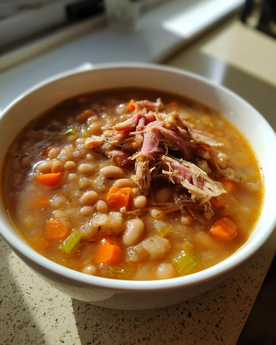 A close-up of a white bowl filled with hearty Ham and Bean Soup, topped with shredded ham, carrots, and celery.
