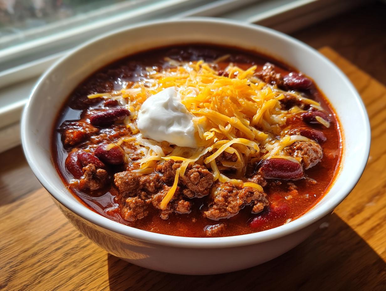 A close-up of a white bowl filled with rich crockpot chili, topped with shredded cheddar cheese and a dollop of sour cream.