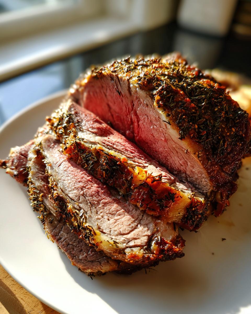 Close-up of a juicy, medium-rare prime rib recipe roast, sliced and covered in a dark herb crust.