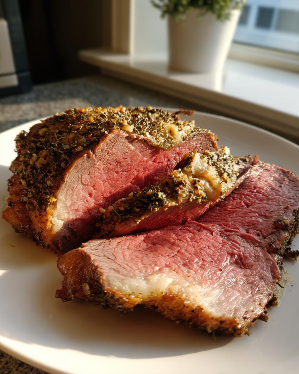 Close-up of medium-rare slices from a juicy prime rib recipe, featuring a thick herb crust.