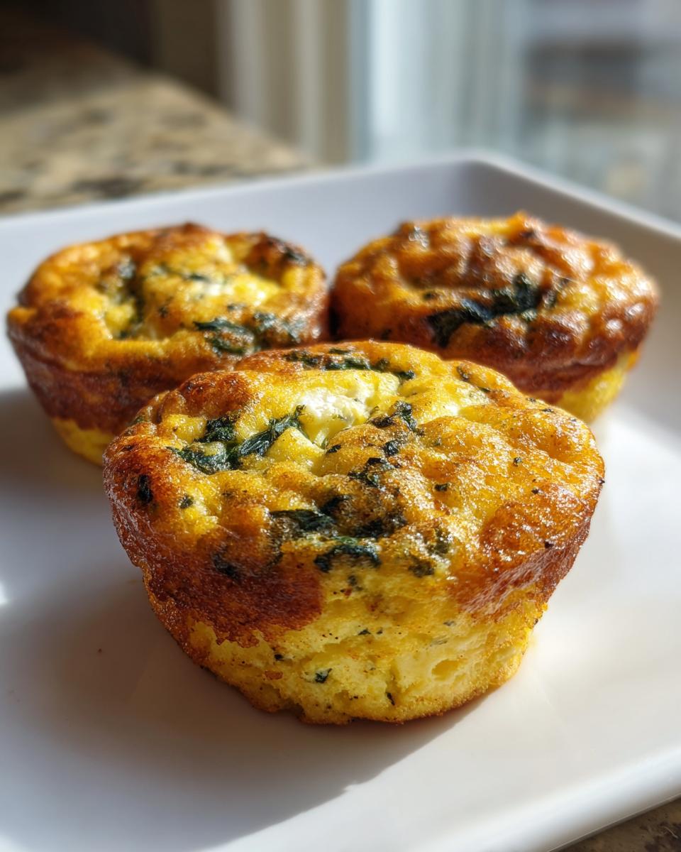 Close-up of three freshly baked, golden brown high-protein egg bites with visible spinach and cheese, resting on a white plate.