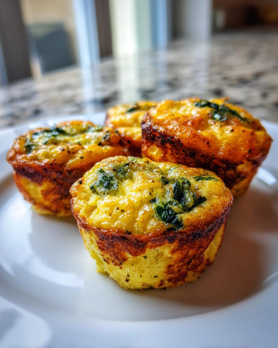 Four golden brown, freshly baked high-protein egg bites with visible spinach pieces served on a white plate.