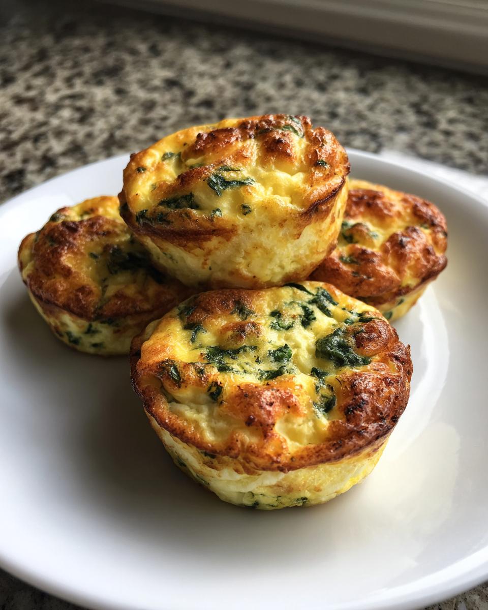 Four freshly baked, golden brown high-protein egg bites mixed with visible green spinach pieces, served on a white plate.