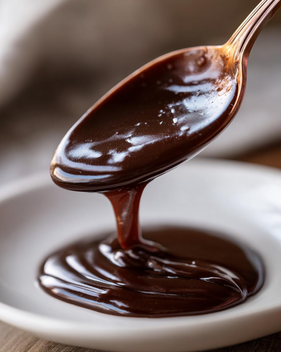 Close-up of thick, glossy homemade brown gravy being poured from a spoon onto a white plate.