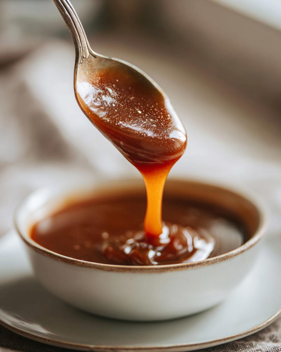 A spoonful of rich, thick homemade brown gravy is shown dripping back into a small white bowl.