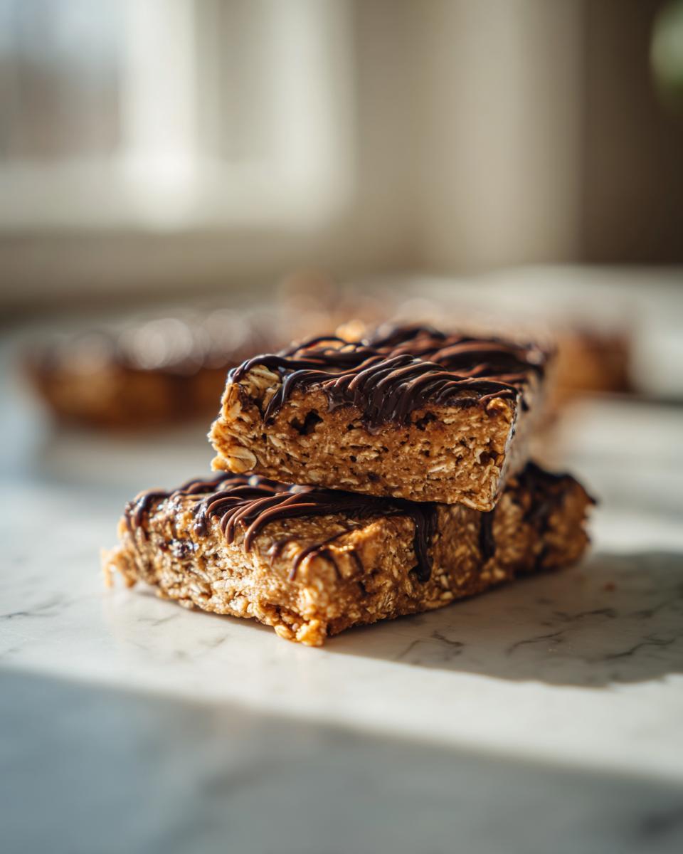 Two stacked, homemade protein bars made with oats and drizzled generously with melted dark chocolate.