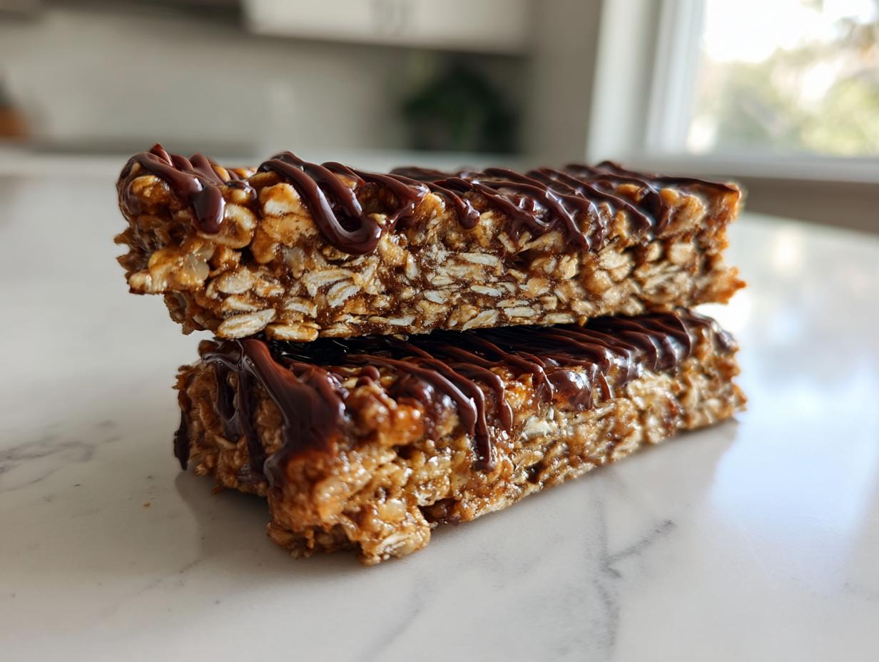 Two homemade protein bars made with oats and drizzled with melted chocolate stacked on a white marble counter.