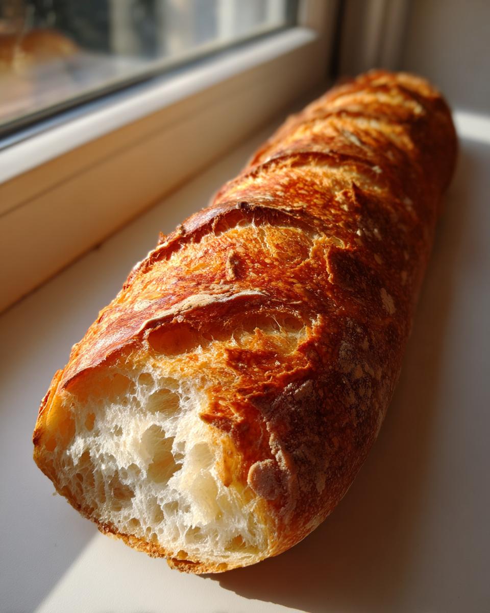 Close-up of a freshly baked French bread loaf showing a crispy, golden-brown crust and airy interior.