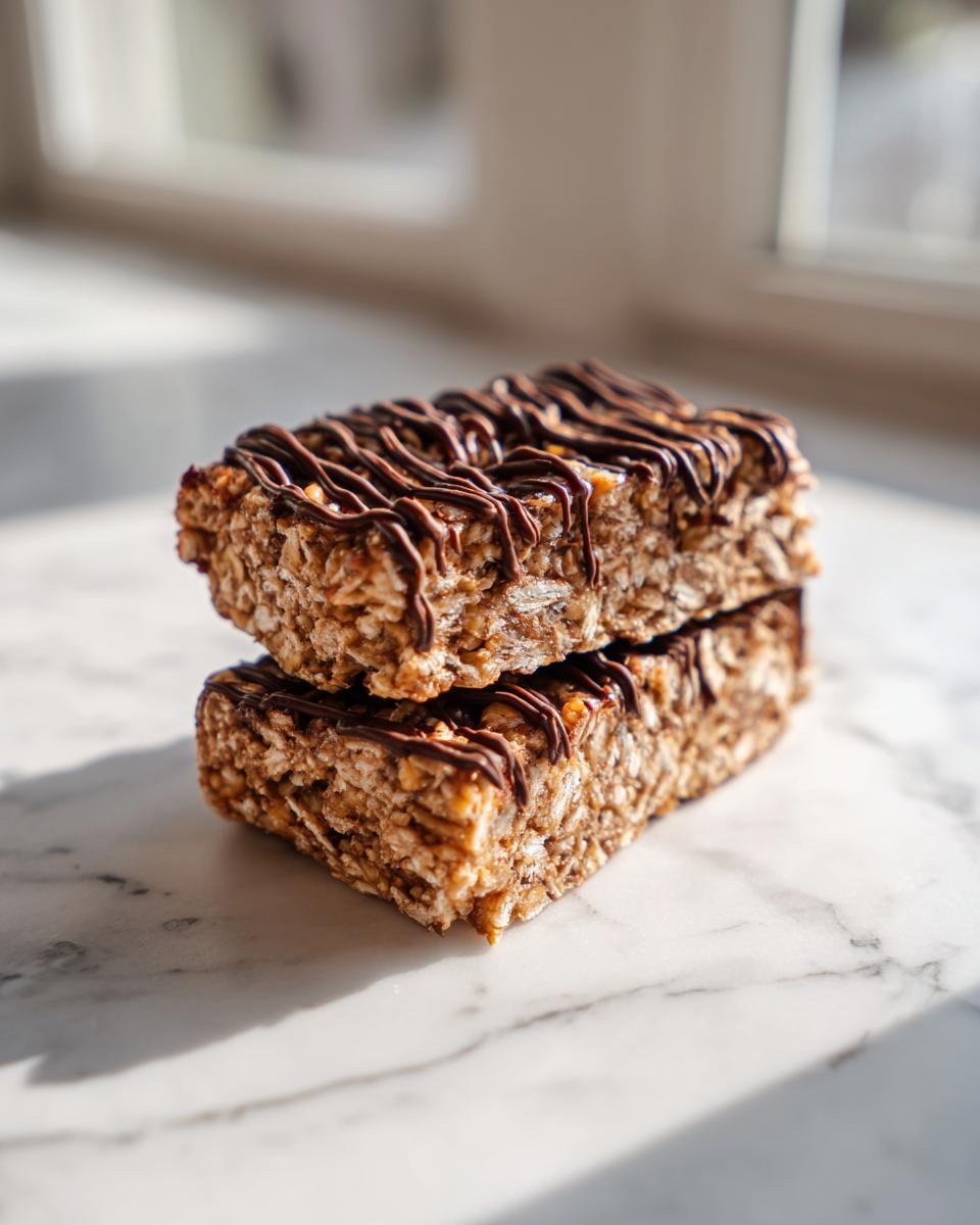Two stacked homemade protein bars made with oats and drizzled with dark chocolate, sitting on a white marble surface.