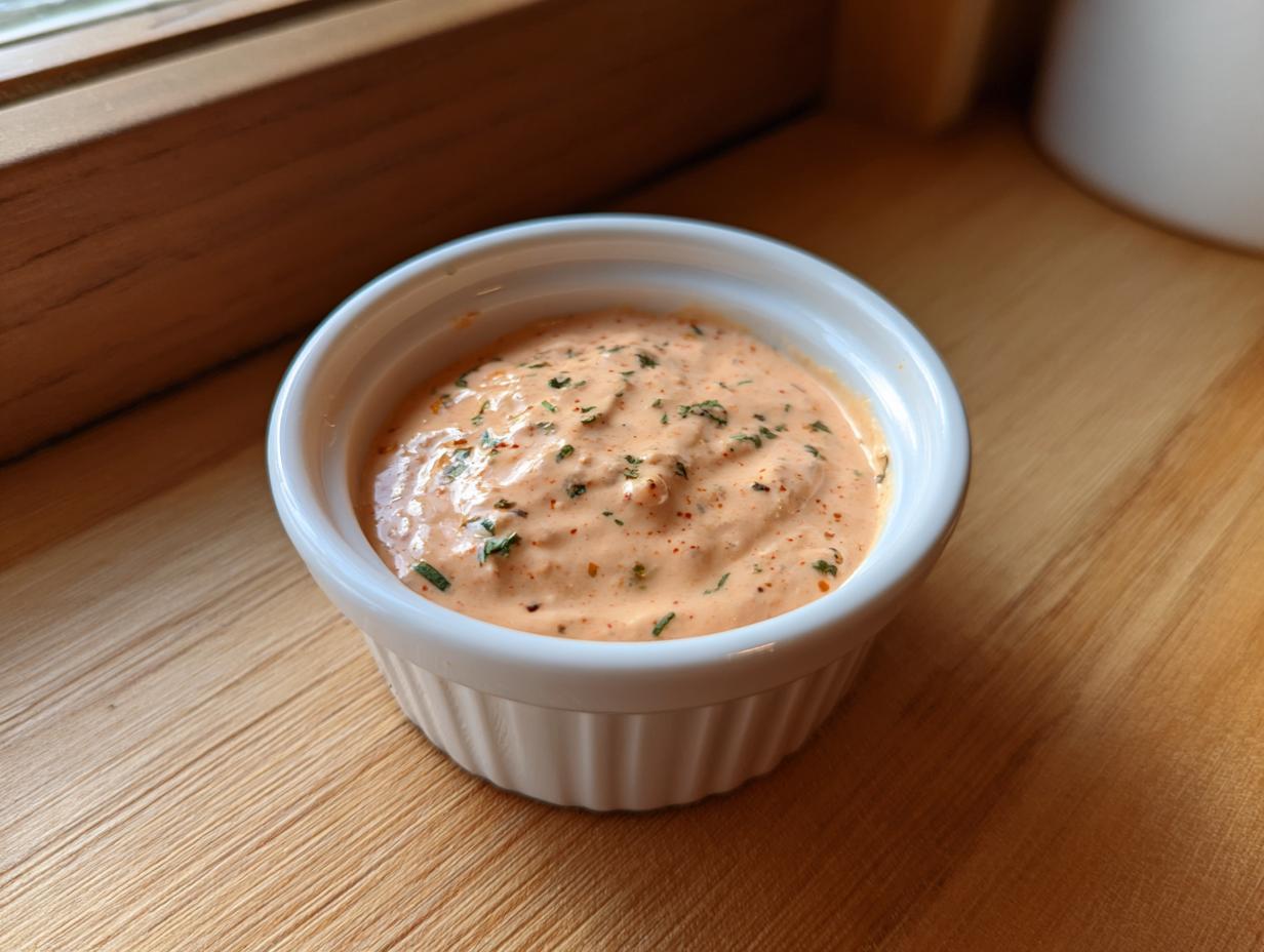 A small white ramekin filled with creamy, orange-hued remoulade sauce, garnished with green herbs and spices.