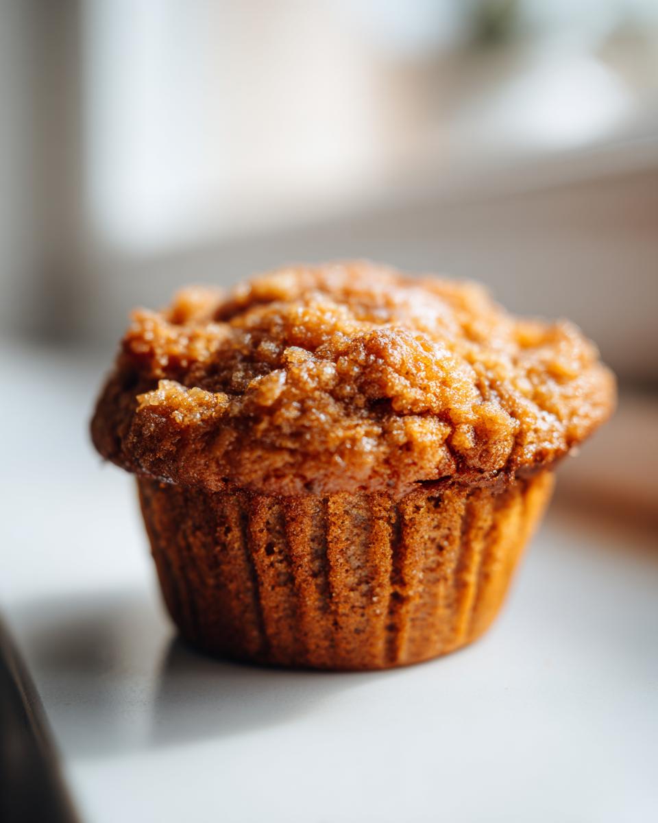 A single, perfectly baked honey bran muffin with a textured, sugary top, sitting on a white surface.