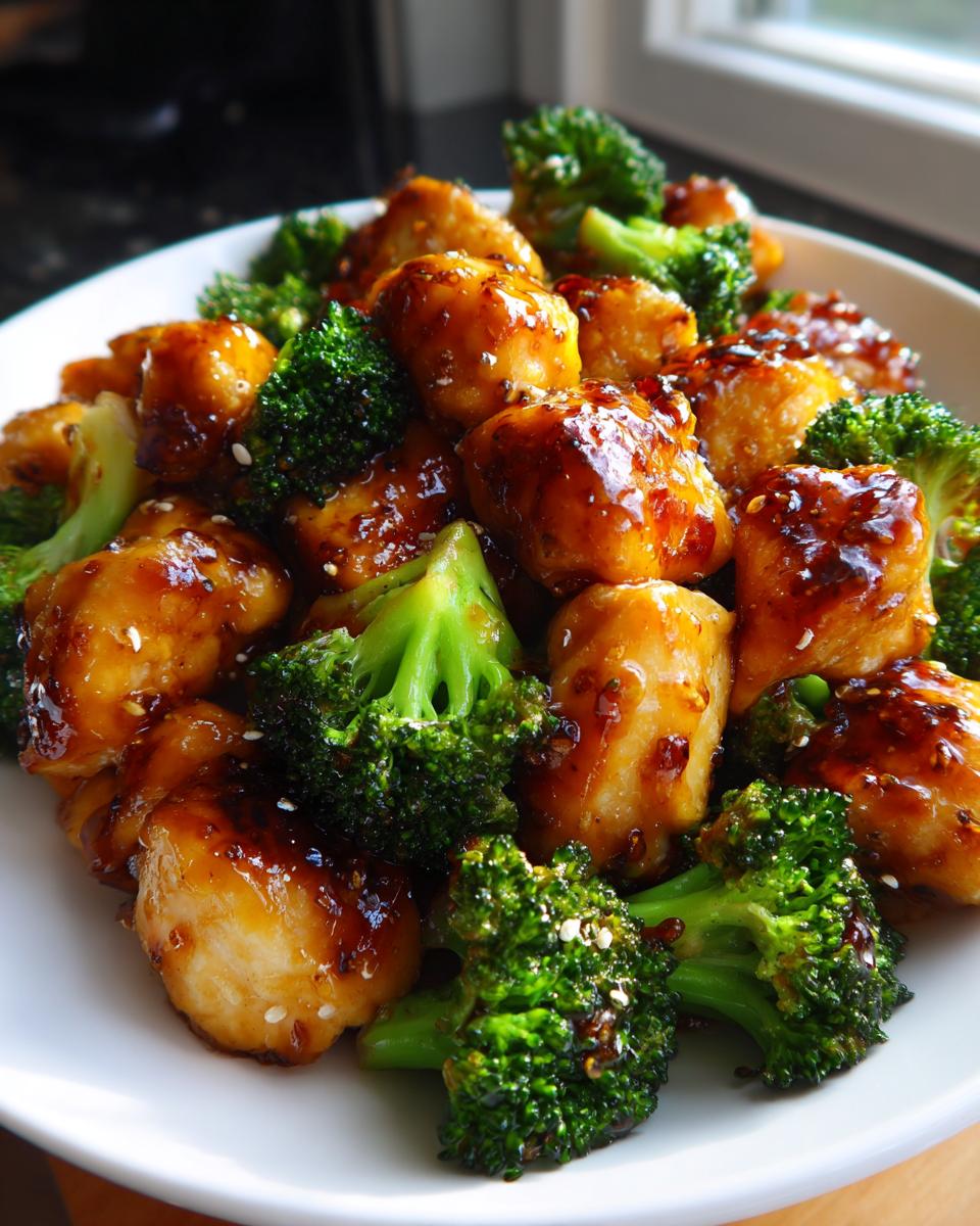 Close-up of glossy honey garlic chicken and broccoli pieces served on a white plate.
