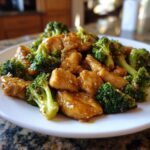 A close-up of glossy, saucy chicken and bright green broccoli florets, featuring sesame seeds, perfect for chicken and broccoli recipes.