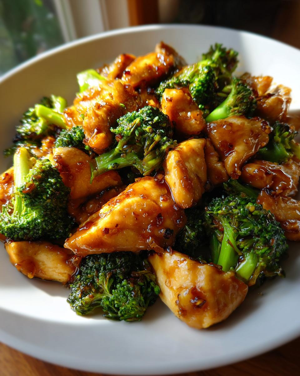 A close-up shot of glossy, glazed chicken and bright green broccoli florets in a white bowl, showcasing the honey garlic chicken and broccoli dish.