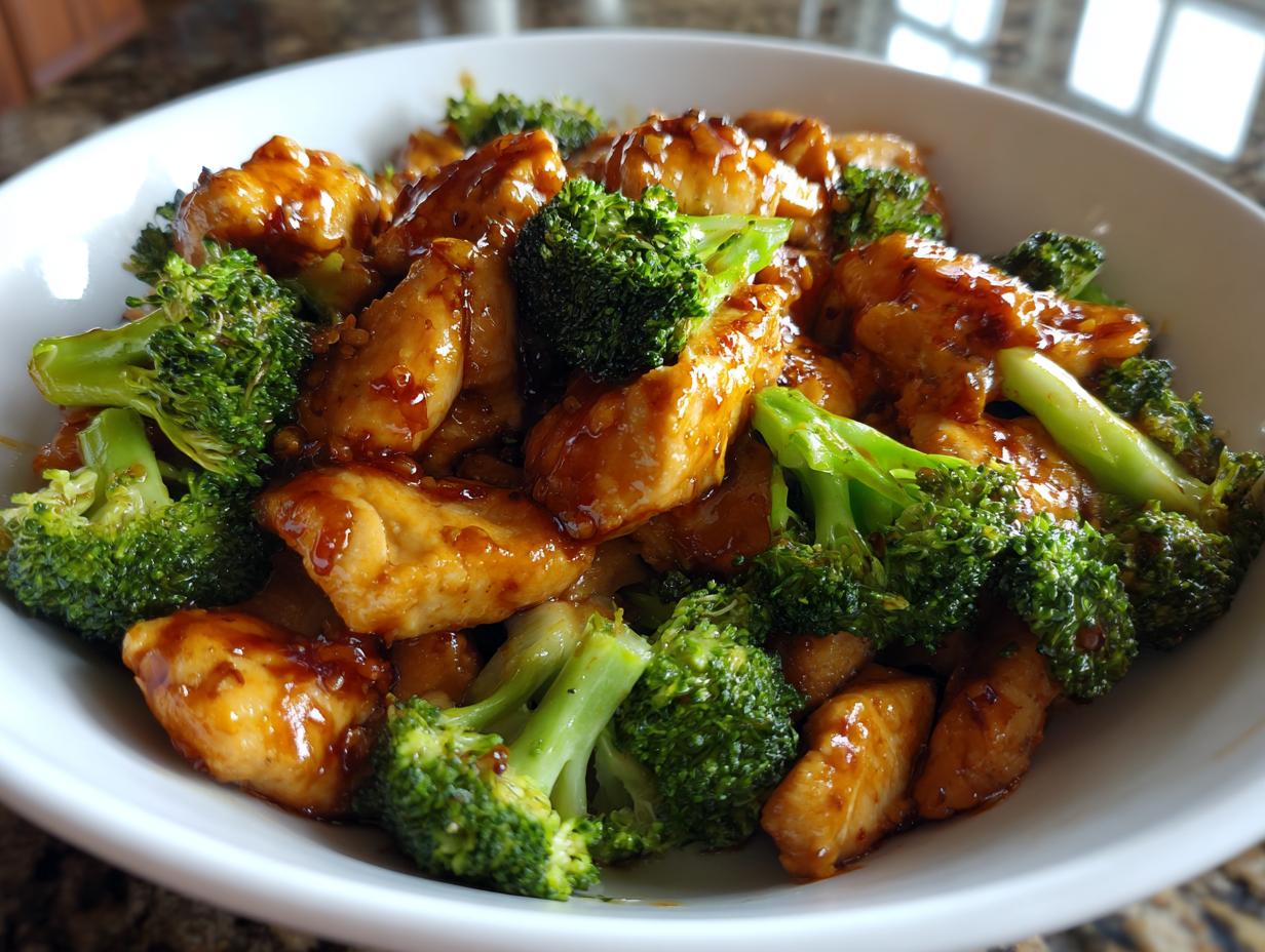 Close-up of glossy, saucy chicken and bright green broccoli florets in a white serving bowl, featuring honey garlic chicken and broccoli.