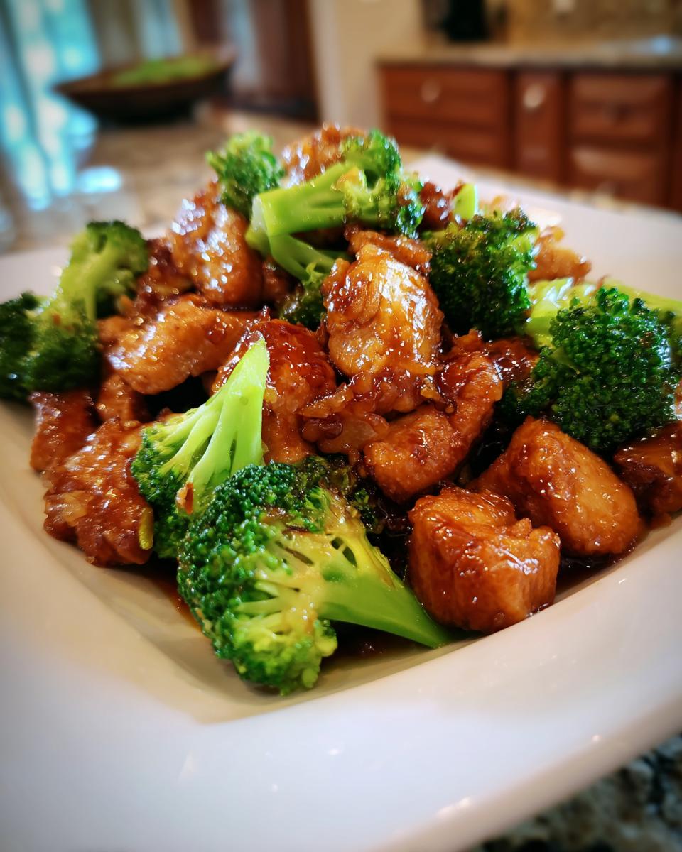 A close-up of glistening, saucy chicken and bright green broccoli florets, showcasing the finished chicken and broccoli recipe.