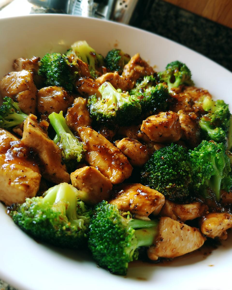 Close-up of bite-sized pieces of glazed chicken and bright green broccoli florets in a white bowl, featuring the honey garlic chicken and broccoli dish.