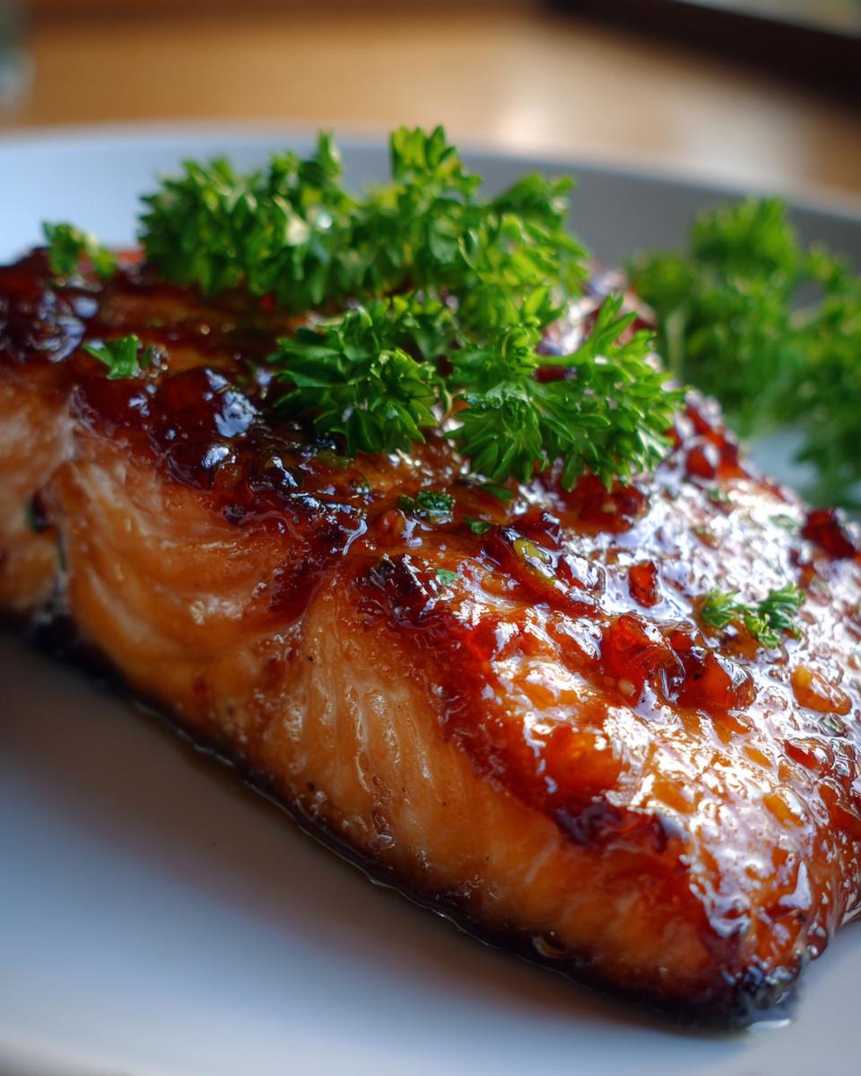 Close-up of a perfectly cooked, glazed honey garlic salmon fillet topped with fresh parsley.