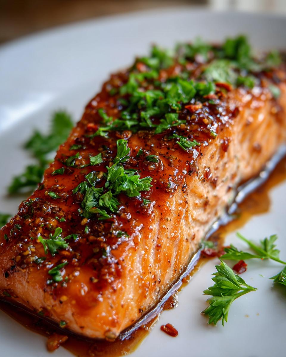 Close-up of a perfectly cooked, glazed honey garlic salmon fillet topped with fresh chopped parsley.
