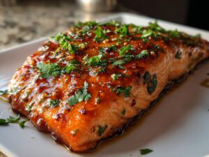 Close-up of a perfectly cooked honey garlic salmon fillet, glistening with glaze and topped with fresh chopped parsley.