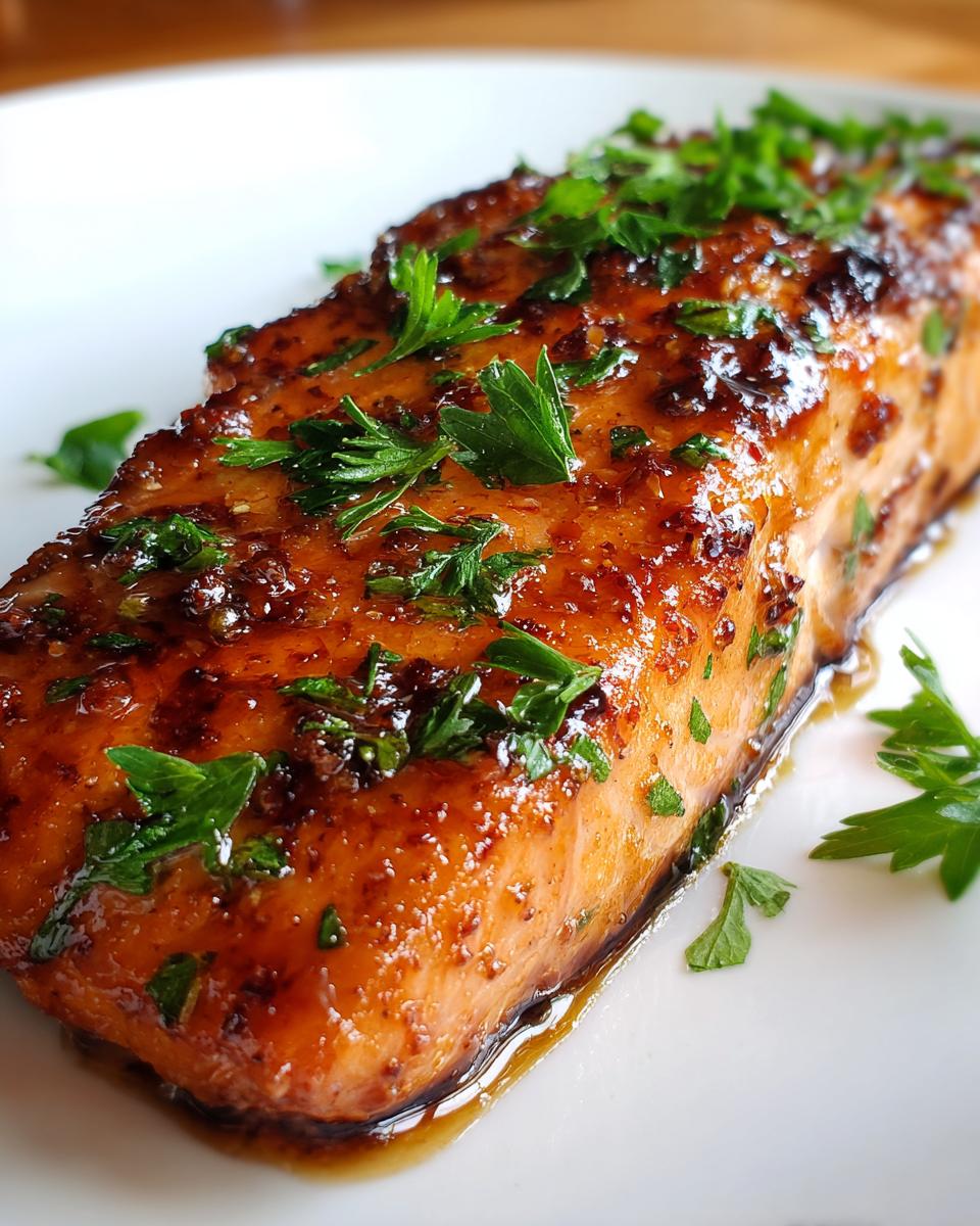 Close-up of a perfectly cooked honey garlic salmon fillet, glistening with glaze and topped with fresh parsley.