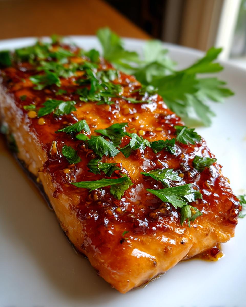 Close-up of a perfectly cooked honey garlic salmon fillet, glistening with glaze and topped with fresh chopped parsley.