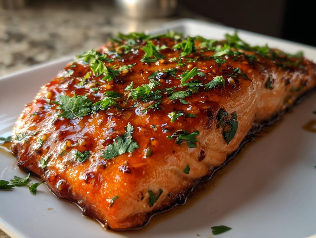 Close-up of a perfectly cooked honey garlic salmon fillet, glistening with glaze and topped with fresh chopped parsley.