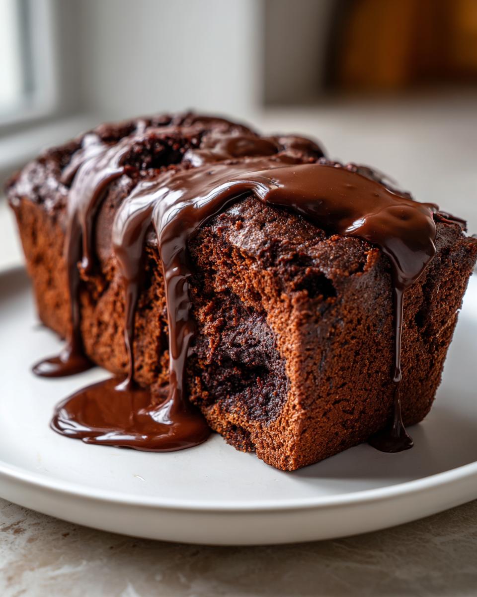 A close-up of rich, moist hot fudge brownie bread loaf generously topped with dripping, glossy hot fudge sauce.