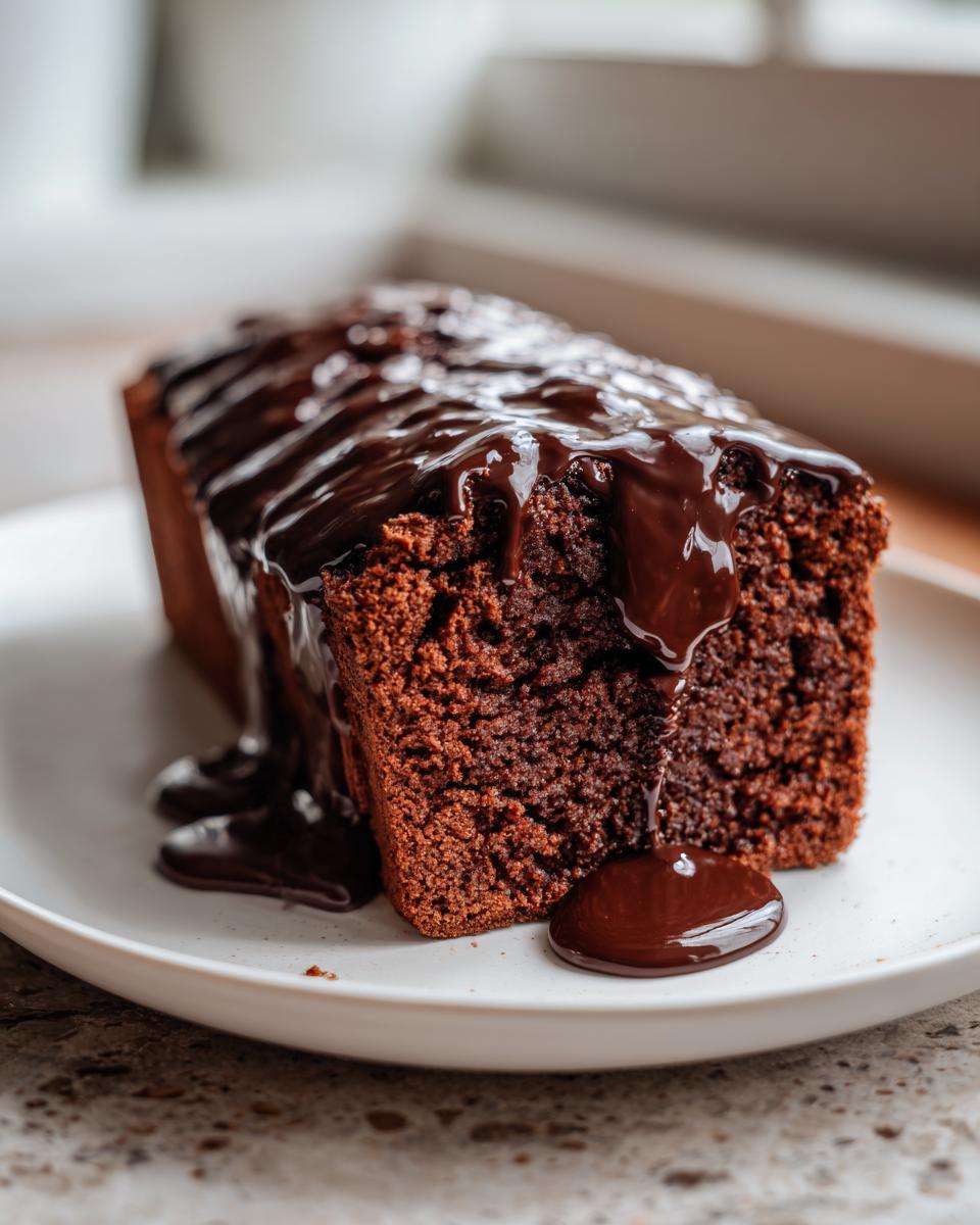 A close-up of a slice of rich, dark hot fudge brownie bread generously topped with glossy, dripping hot fudge sauce.