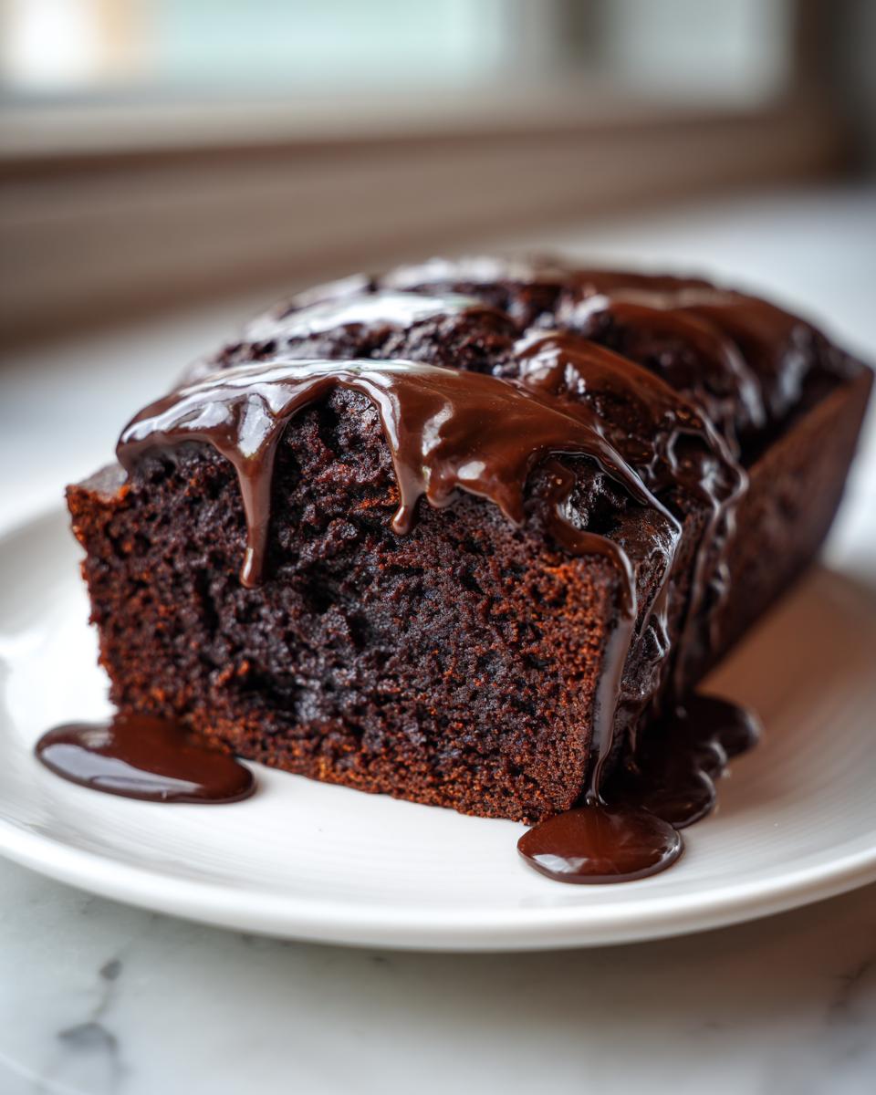 A rich, dark slice of hot fudge brownie bread generously topped with dripping chocolate fudge sauce.